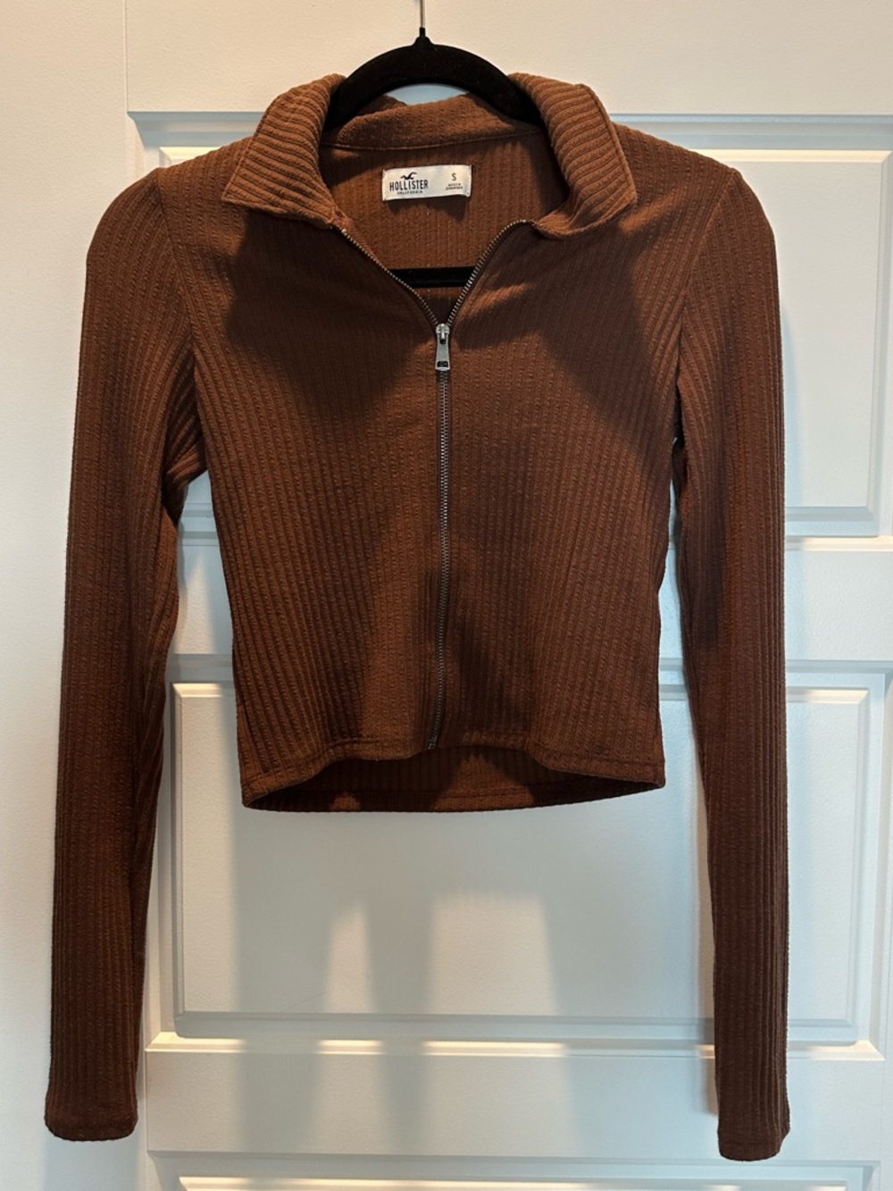 Hollister Brown Ribbed Cropped Zip-Up Top